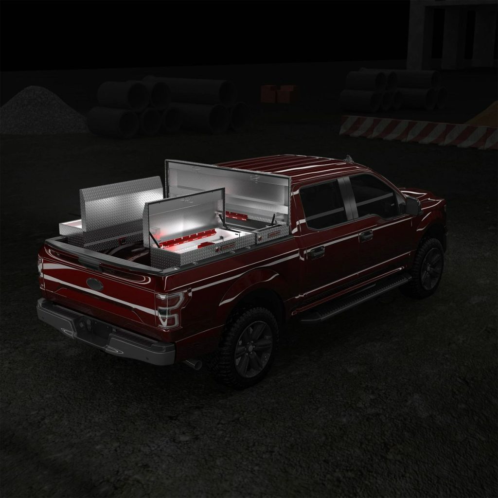 red truck with commercial accessories